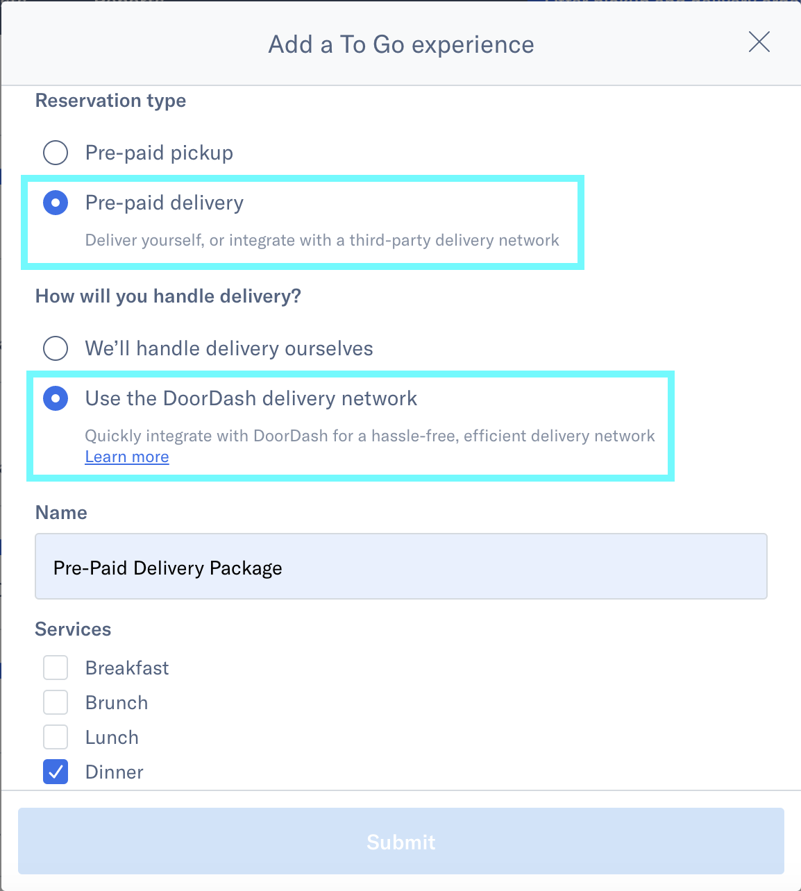 Setting up a Delivery (fulfilled by DoorDash) Tock
