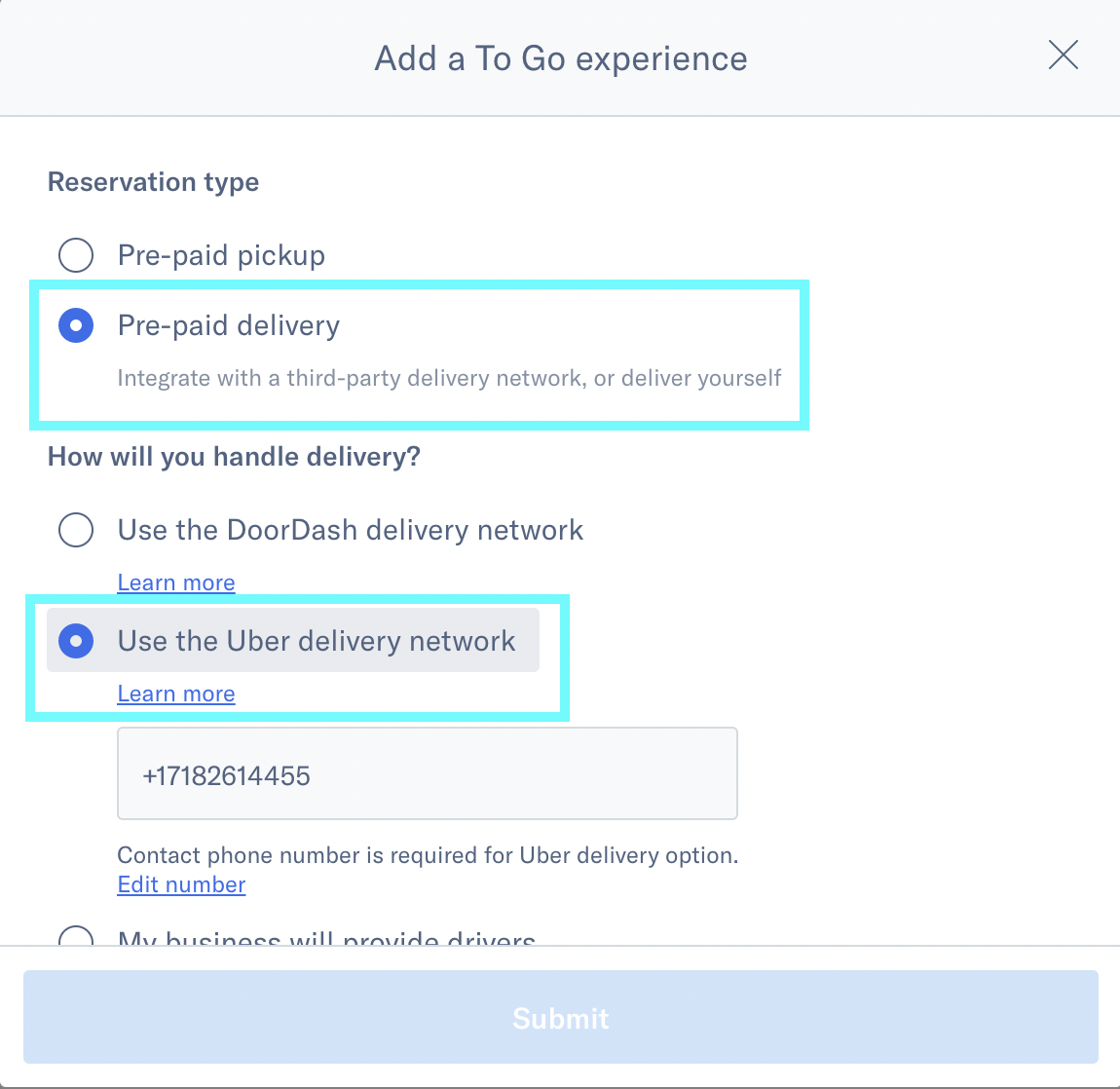 Setting Up a Delivery (Fulfilled by DoorDash) – Tock